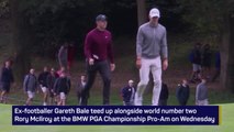Gareth Bale tees up alongside Rory McIlroy at Wentworth