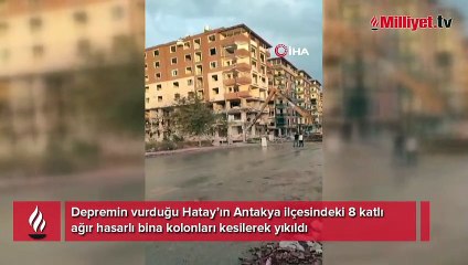 Kolonları kesilerek yıkıldı! Ağır hasarlı bina...