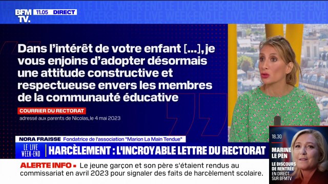 Harcèlement scolaire: Nora Fraisse, fondatrice de l'association Marion La Main Tendue se dit profondément choquée par la lettre du rectorat aux parents d'un enfant qui s'est suicidé