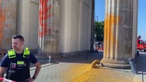 Ativistas ambientais pintam o Portão de Brandemburgo em Berlim