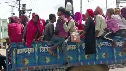 下载视频: Tractor-trolley full of laborers passing out