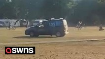 Video shows van weaving through traveller camp on Richmond Green as police sirens are heard