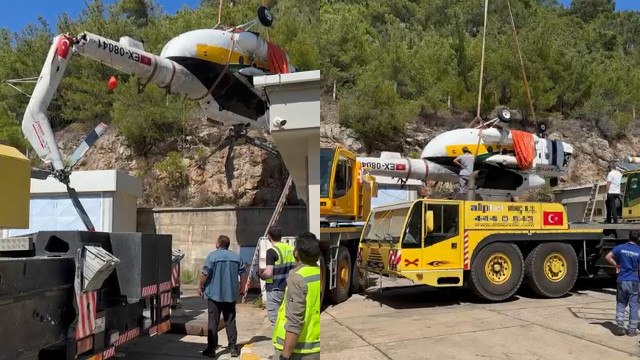 Tahtalı Barajı'na düşen yangın söndürme helikopterinin enkazı karaya çıkarıldı