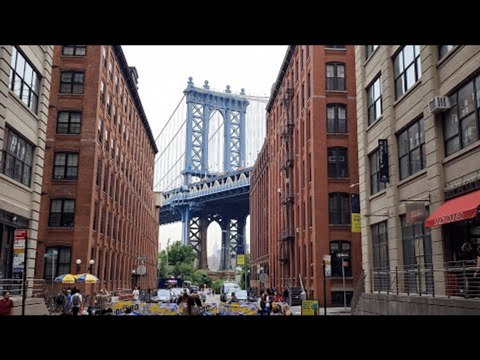 Walking Over Manhattan Bridge with Brooklyn Bridge And New York City  Skyline Views