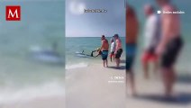 Un tiburón quedó varado en una playa, por lo que algunos hombres lo ayudaron para regresar al mar