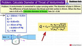 Horizontal Venturi Meter Numerical Problem: Calculate Diameter of Throat | Shubham Kola