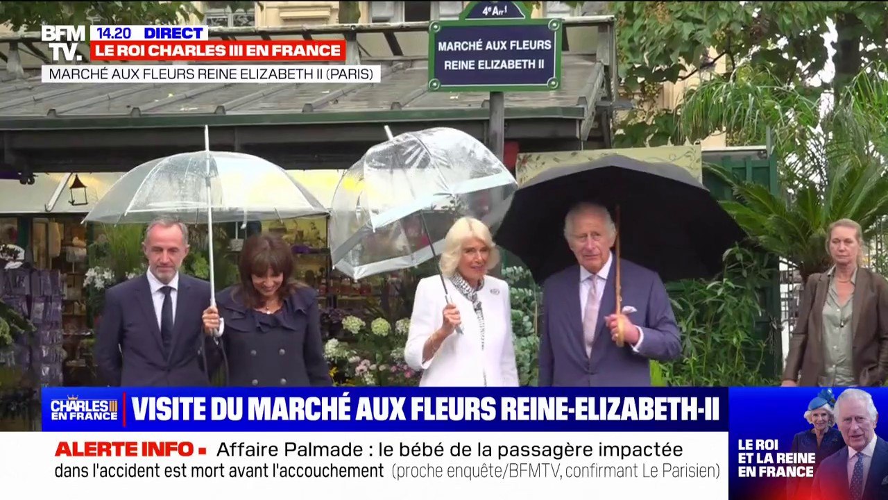 L’arrivée du roi Charles III au marché aux fleurs renommé Reine Elizabeth II sur l’île de la Cité accueilli par Anne Hidalgo