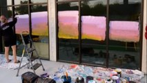 Artist paints an astonishing sunset-landscape mural on the classroom window *Mural Art*