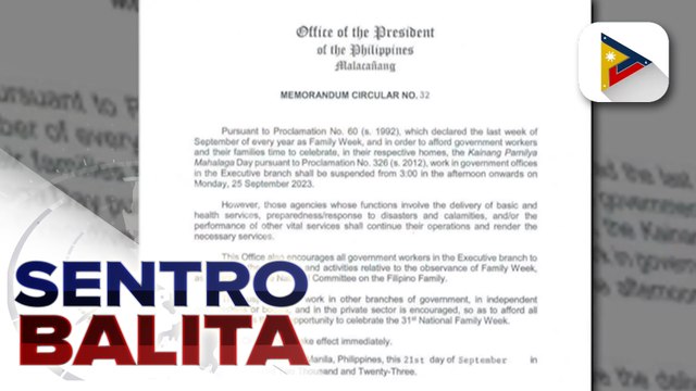 Pasok sa Lunes ng mga empleyado ng gobyerno sa ilalim ng Executive Branch, hanggang 3PM bilang bahagi ng pagdiriwang para sa National Family Week