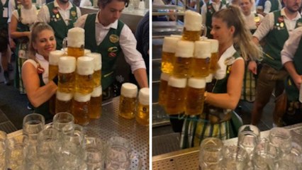 30M de reproducciones en TikTok: la brutal habilidad de esta camarera para llevar 13 jarras de cerveza