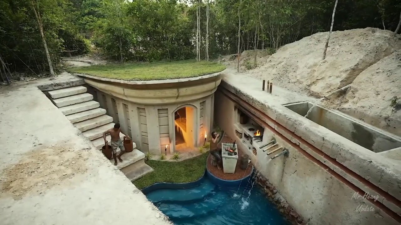 Made Modern Underground Hut With A Grass Roof and a Swimming Pool & waterfall