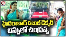 Teenmaar Chandravva At Double Decker Bus In Hyderabad _ V6 News
