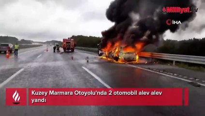 Kuzey Marmara Otoyolu'nda iki araç alev alev yandı! Yaralılar var