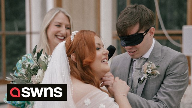 Blind bride lets guests walk in her shoes by blindfolding them as she walks down the aisle