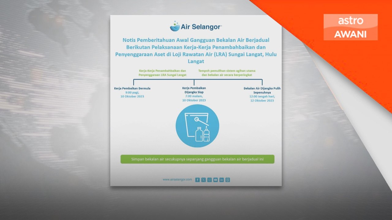 Petaling, KL, Hulu Langat alami gangguan bekalan air berjadual 10 Okt ini - Air Selangor