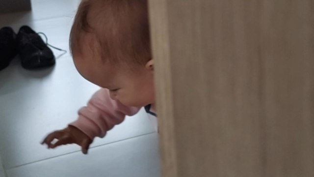Cute 8-month-old baby crawls after an insect on floor, trying to pick it up