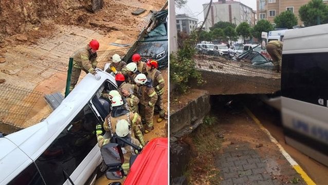 Sağanak bu kez Anadolu yakasını vurdu! İstanbul Pendik'te istinat duvarı işçi servisinin üzerine çöktü