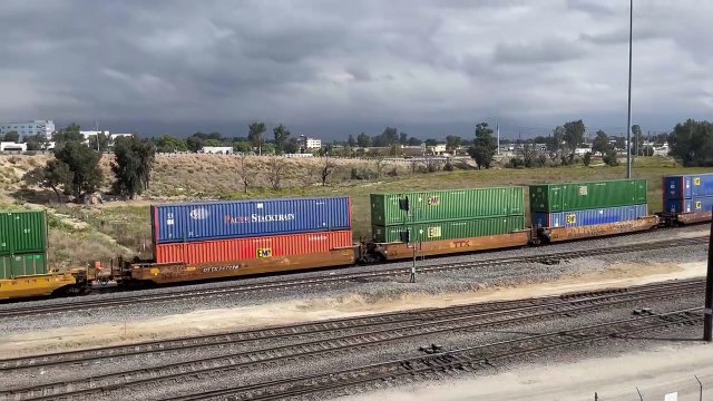 UP 8259 Leads Eastbound Intermodal Train Passes Through West Colton Yard