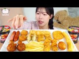 ASMR MUKBANG| Fire noodles & Collection of leftover fried foods! Chicken, Sausage, Cheese stick.