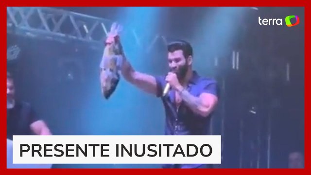 Fã surpreende e joga peixe gigante para Gusttavo Lima durante show: 'Almoço de amanhã'