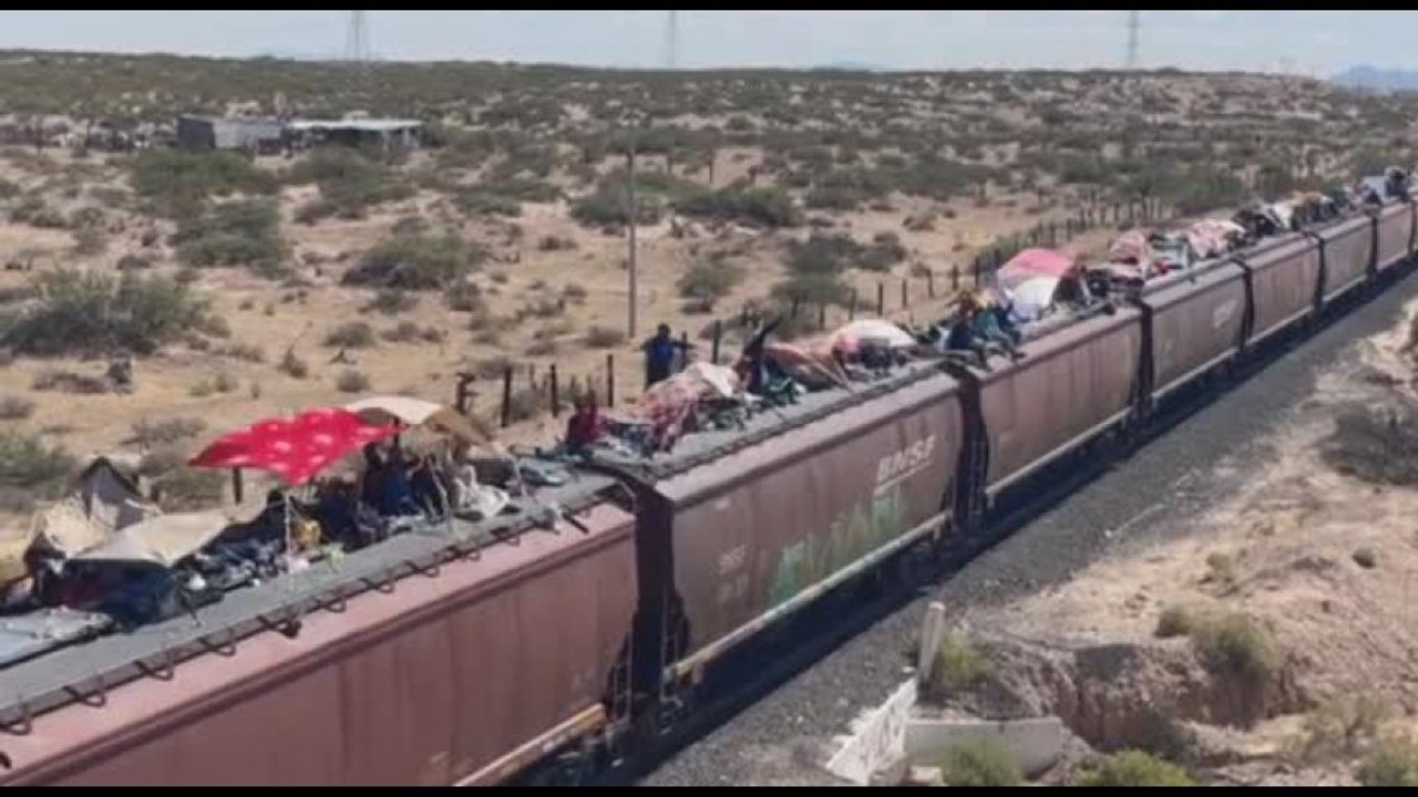 Migranti sul tetto di un treno merci fino al confine tra Messico e Stati Uniti