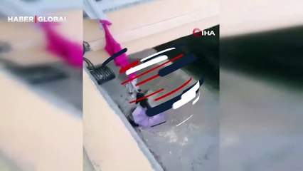 Şemsiye ve kıyafetle kedi kurtarma operasyonu kamerada