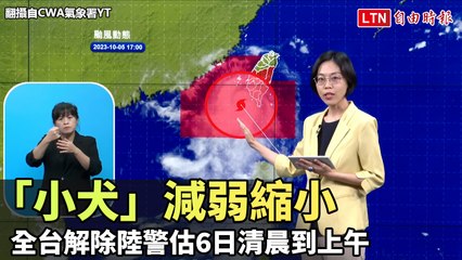 「小犬」減弱縮小 全台解除陸警估明天清晨到上午（翻攝自CWA氣象署YT）