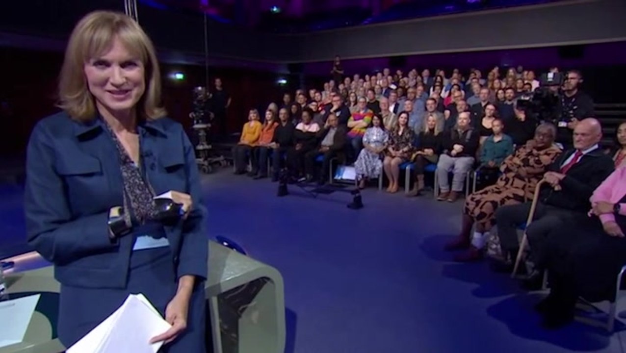 Fiona Bruce presents Question Time with black eye and arm in a sling