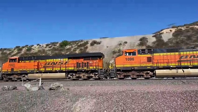 BNSF 7863 Leads Westbound Stack Train Passes Through Blue Cut CA.