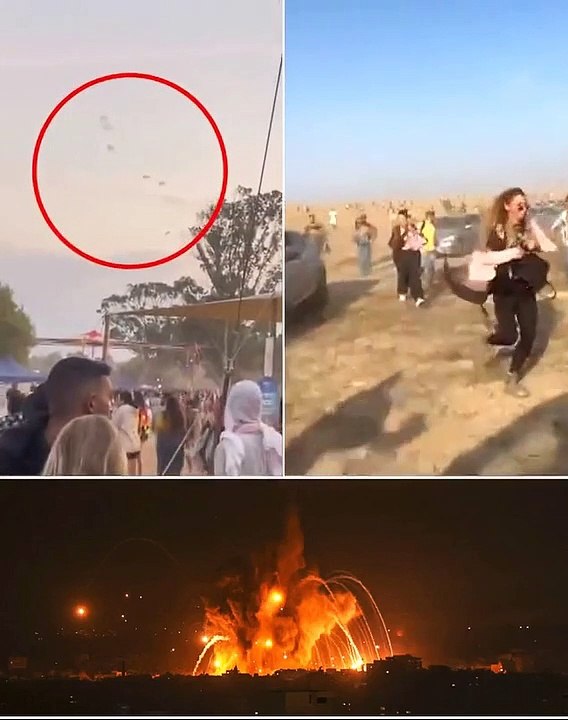 Stampede of terror: Terrifying moment hundreds of Israeli festivalgoers flee for their lives through the desert as Hamas paragliders storm religious celebration