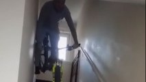 Guy falls hard when he bravely tries to cycle down the stairs *Hilarious Fail*