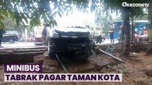 Tabrak Pagar Taman Kota, Minbus Terperosok hingga Rusak Parah