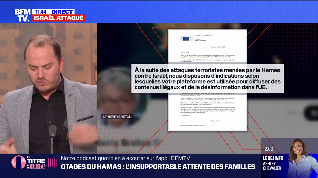 Israël: le commissaire européen Thierry Breton avertit Elon Musk que X (ex-Twitter) répand des "contenus illégaux"
