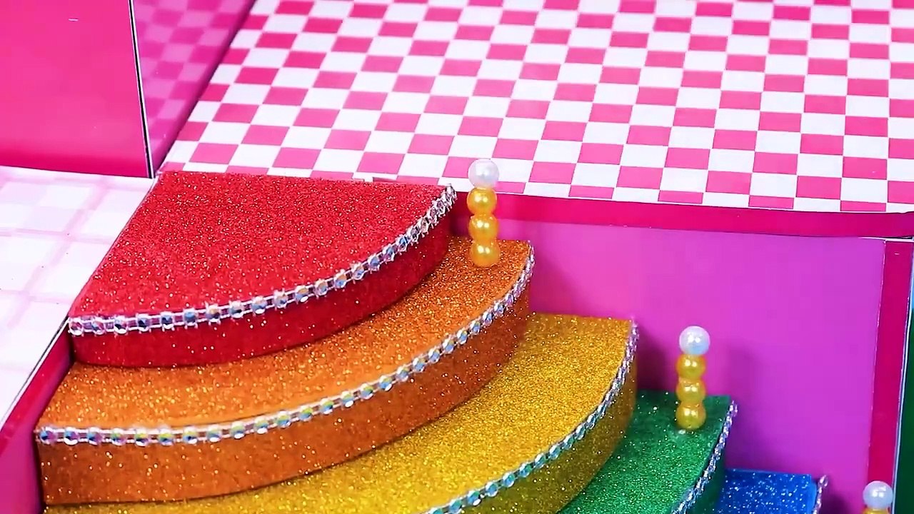 How To Make Pink Unicorn House with Bunk Bed, Rainbow Stairs from Polymer Clay - DIY Miniature House