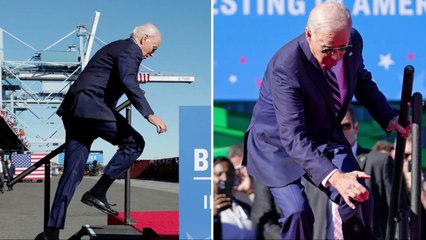 Biden trips in Philadelphia