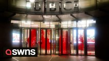 Red blood-like paint splattered on BBC HQ - following a visit from a vandal in the early hours