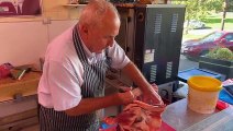 Keith Bowyer boning out his last shoulder of lamb at his butchers shop of 57 years, DH Bowyer & Sons on Rochester Road, Lodge Moor, Sheffield