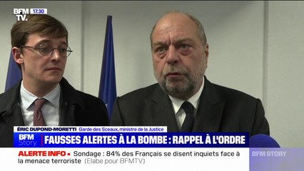 Fausses alertes à la bombe: "Ces petits plaisantins qui s'amusent avec ces fausses menaces seront retrouvés et punis", affirme le ministre de la Justice, Éric Dupond-Moretti