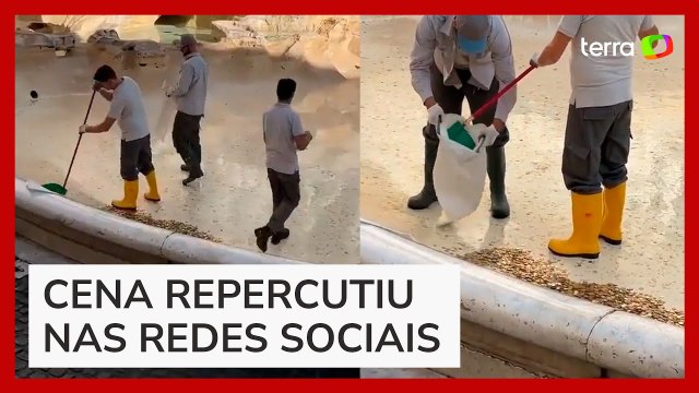 Quantidade de moedas recolhidas durante limpeza de fonte na Itália impressiona internautas