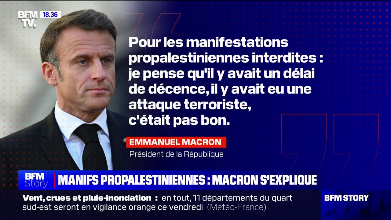 Manifestations propalestiniennes interdites: Emmanuel Macron estime "qu'il y avait un délai de décence" à respecter après "l'attaque terroriste" du Hamas