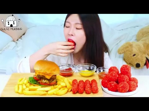ASMR MUKBANG| Cheetos Party(Hand-crafted Burger, Mac n Cheese ball, French fries).