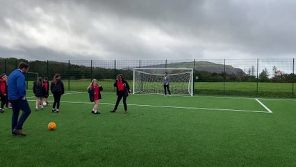Eluned Morgan MS having a kick around in Ystradgynlais with FAW CEO Noel Mooney