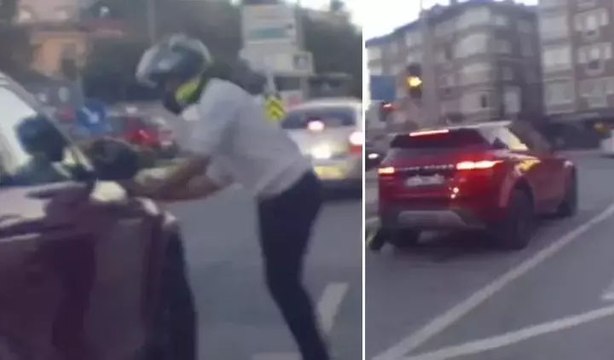 Motosiklet sürücüsünün üzerine aracını sürdü! Şoke eden anlar