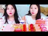 ASMR MUKBANG| PINK dessert with my sister(Strawberry Tanghulu, Cake, Jelly noodles, Mochi roll)