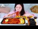 ASMR MUKBANG| Cheese Tteokbokki & Mini Gimbap, Fried Chili peppers, Fried Squid