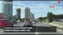 Kartal'da vinçten fırlayan lastik trafikte tehlikeye neden oldu