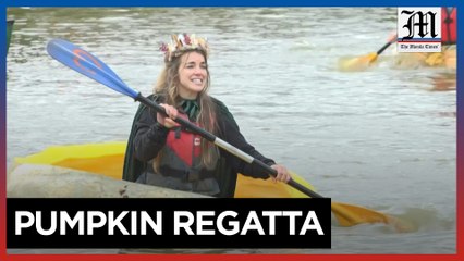 Belgian town hosts annual pumpkin boat race