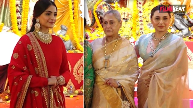 Sonam Kapoor with Anil Kapoor, Jaya Bachchan & Rani Mukherjee attend Durga Pooja in Style! FilmiBeat