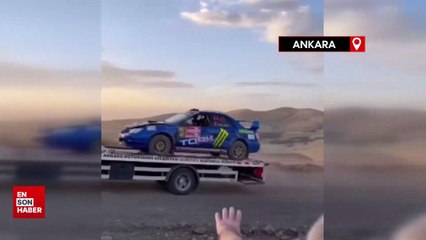 Ankara'da takla atan yarış otomobili, çekicinin üzerinden de düştü: O anlar kamerada