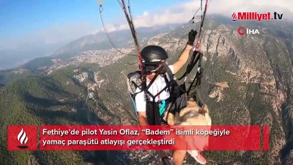 Köpeğiyle yamaç paraşütü atlayışı yaptı, o anlar kamerada